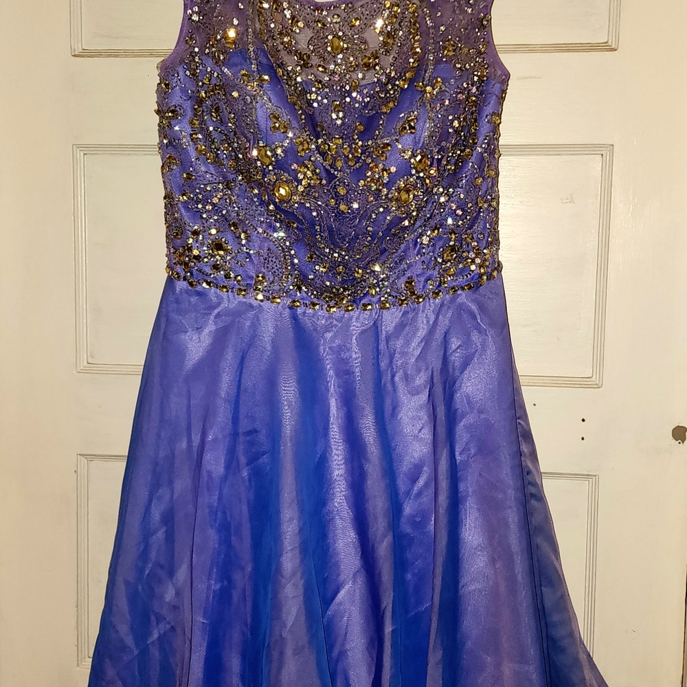 Sherri Hill Periwinkle Short Fun Formal Dress with Gold Embellishments
